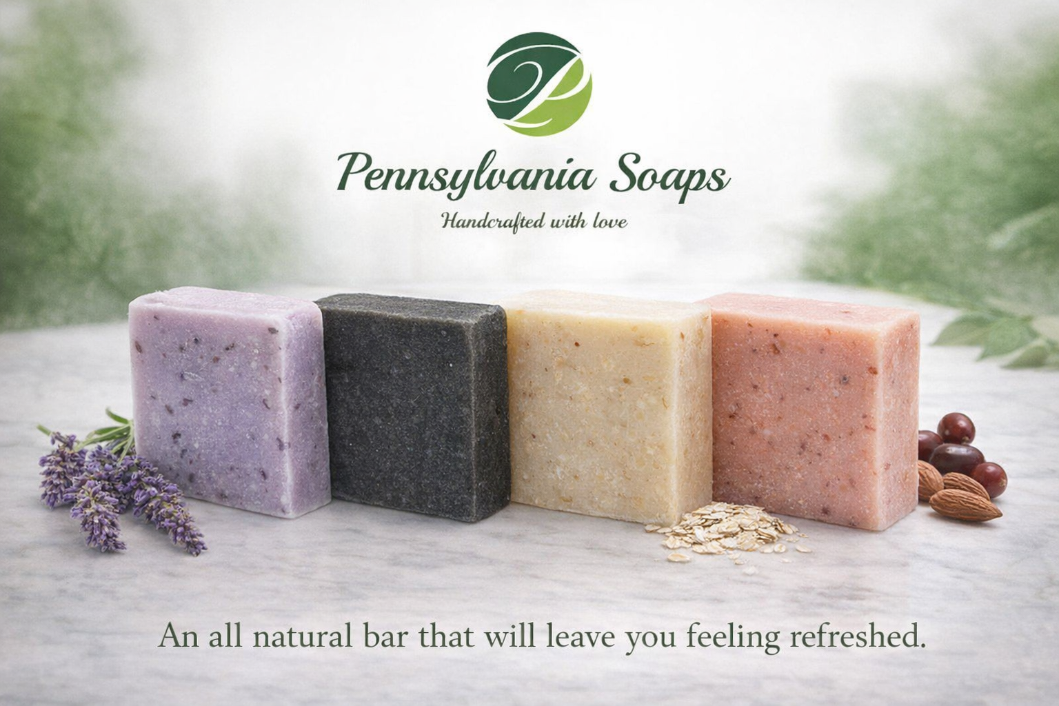 Pennsylvania Soaps — all natural bars: Lavender, Charcoal, Oatmeal Milk & Honey, Cherry Almond