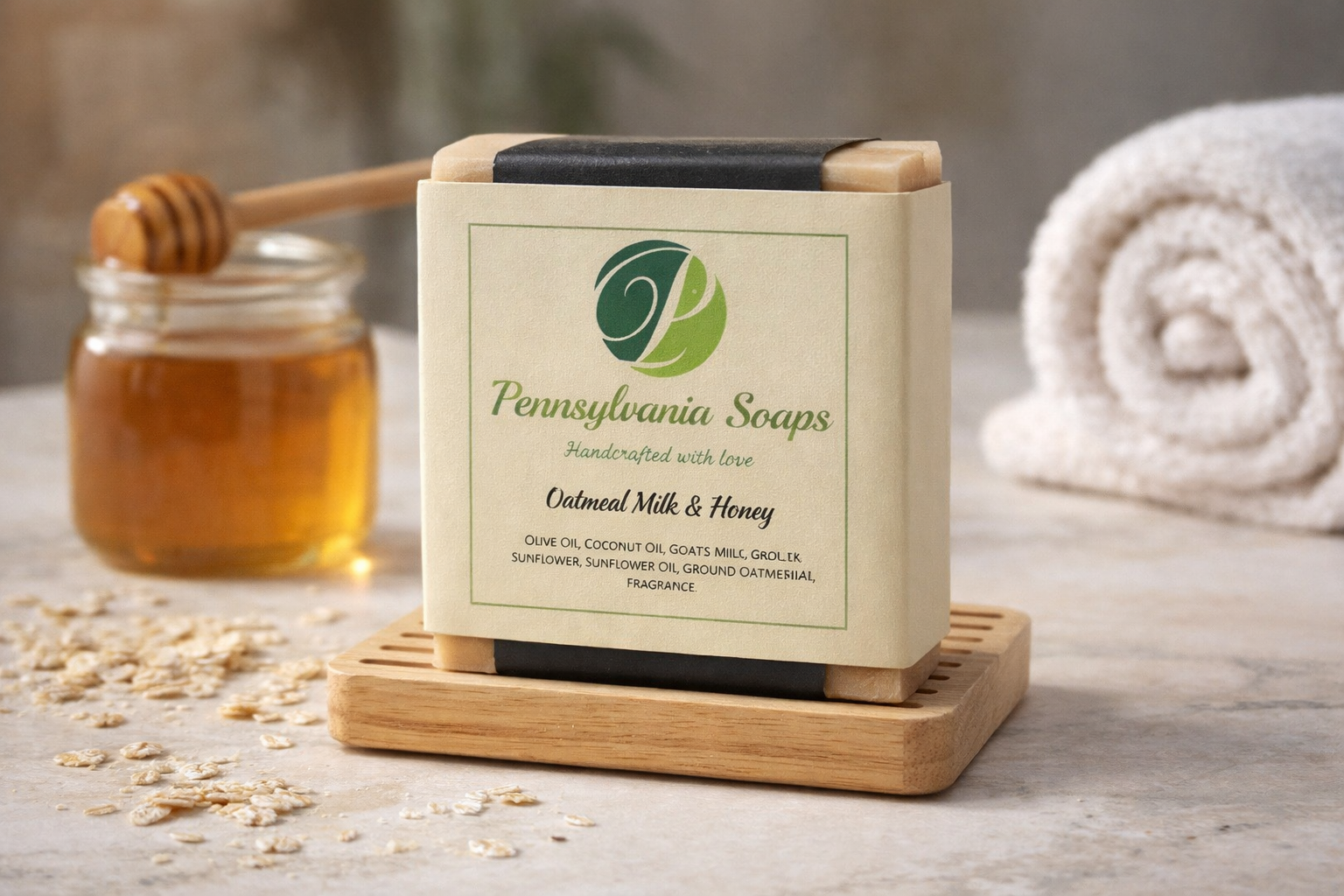 Pennsylvania Soaps Oatmeal Milk & Honey bar on wooden soap dish with honey jar